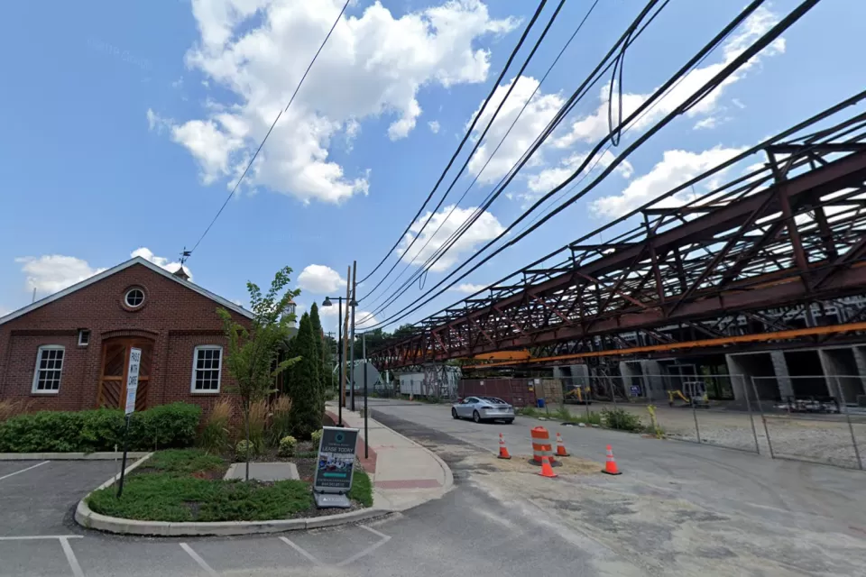 Pencoyd Iron Works and Marriott hotel under construction.